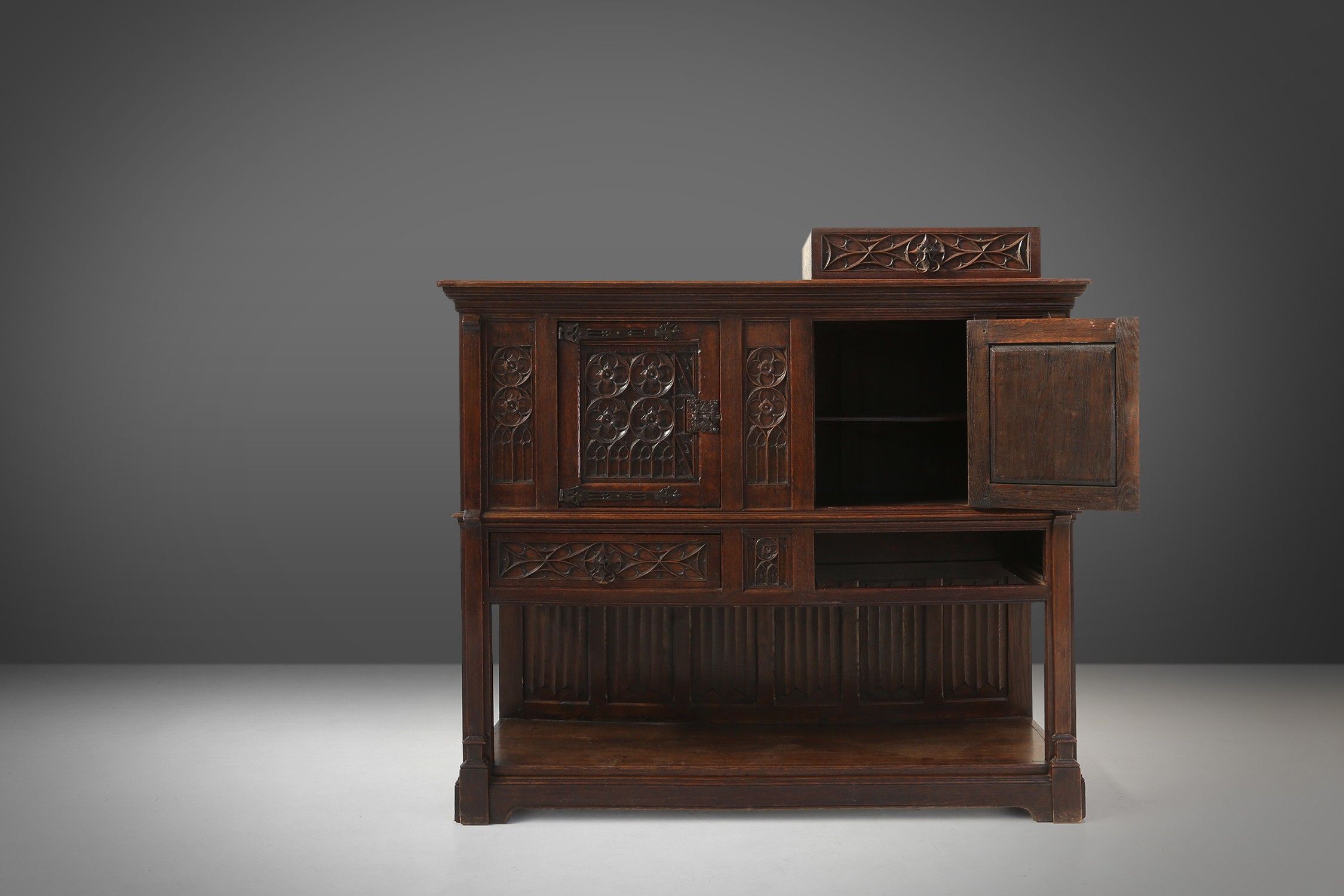 Neo-gothic cabinet in oak with concealed storage and rich decorations, France, 1850sthumbnail